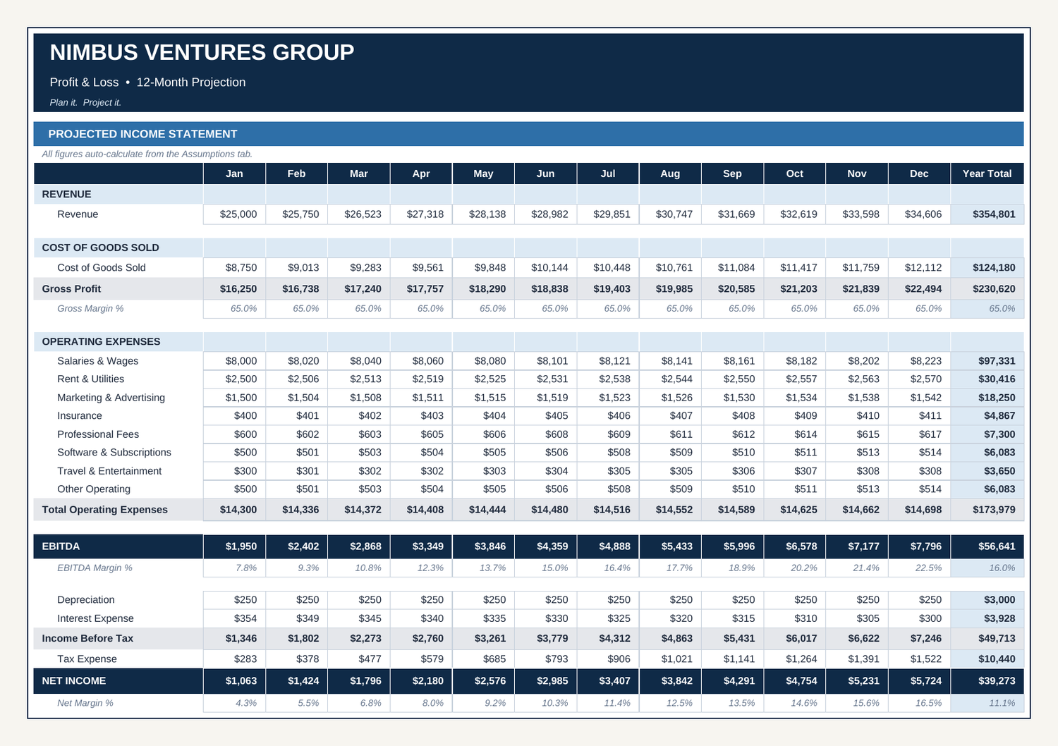 Projected Profit and Loss screen